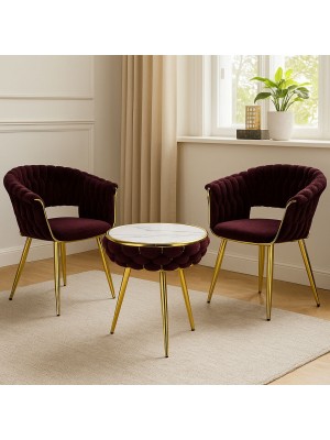 Vista ambientata Set tavolino 2 poltroncine vellutato imbottito colore Porpora con finiture in oro modello Royal A Totò Piccinni