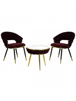 Set tavolino 2 poltroncine vellutato imbottito colore Porpora con finiture nero e oro modello Royal B Totò Piccinni