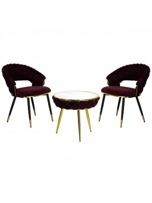 Set Tavolino e 2 Poltroncine ROYAL B intrecciati in morbida ciniglia vellutata imbottita con finitura nero e oro (Porpora)