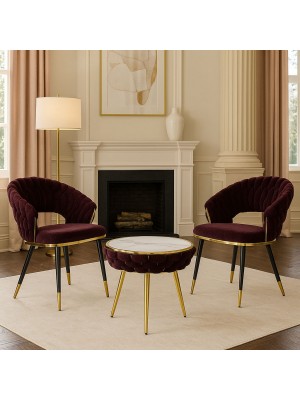 Vista ambientata Set tavolino 2 poltroncine vellutato imbottito colore Porpora con finiture nero e oro modello Royal B Totò Piccinni