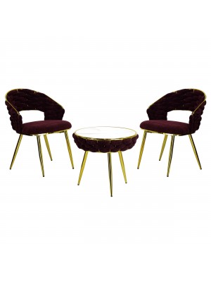 Set tavolino 2 poltroncine vellutato imbottito colore Porpora finitura in oro modello Royal C Totò Piccinni