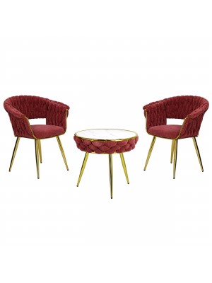 Set Tavolino e 2 Poltroncine ROYAL A intrecciati in morbida ciniglia vellutata imbottita con finitura oro (Rosa Antico)