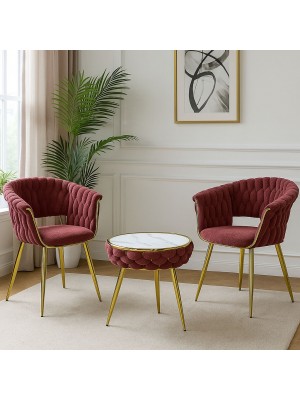 Vista ambientata Set tavolino 2 poltroncine vellutato imbottito colore Rosa Antico con finiture in oro modello Royal A Totò Piccinni