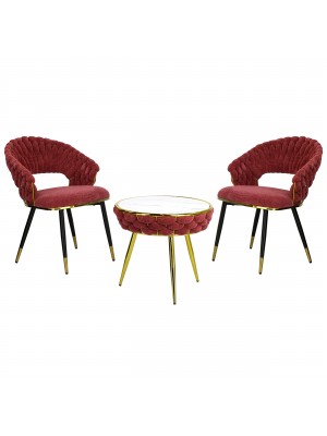 Set Tavolino e 2 Poltroncine ROYAL B intrecciati in morbida ciniglia vellutata imbottita con finitura nero e oro (Rosa Antico)