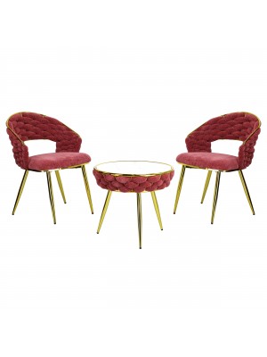 Set Tavolino e 2 Poltroncine ROYAL C intrecciati in morbida ciniglia vellutata imbottita con finitura oro (Rosa Antico)