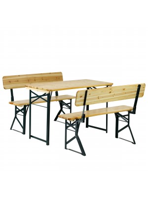 Set Birreria pieghevole con tavolo e panche con schienale per 4 persone. In Legno colore naturale. Vista Obliqua