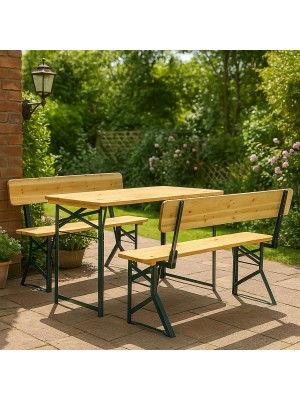 Vista ambientata Set Birreria pieghevole con tavolo e panche con schienale per 4 persone. In Legno colore naturale Totò Piccinni