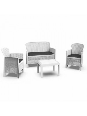 Set Salottino effetto rattan da giardino Divano e 2 Poltroncine con cuscini Made in Italy - JUNGLE (Bianco)