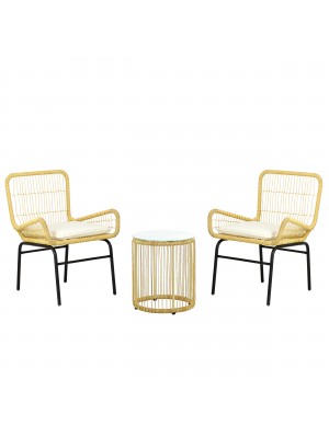 Set TROPICAL bistrot 2 poltroncine con cuscini e tavolino in Simil rattan struttura in metallo (Naturale)