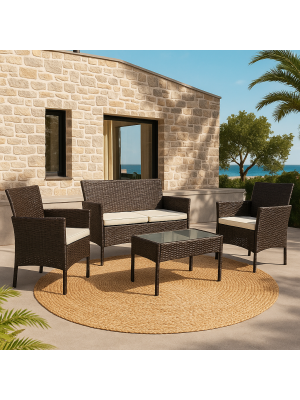 Set Praga | Salottino in PolyRattan con Cuscini (Marrone)