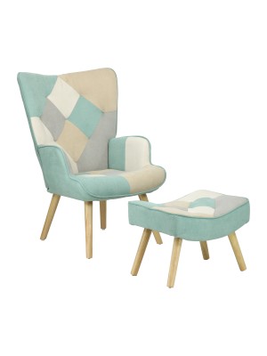 Poltrona con sgabello colore Patchwork Sky con gambe in legno modello Siesta Totò Piccinni