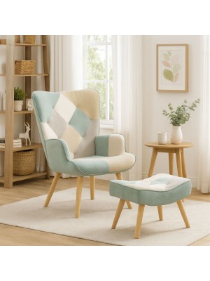 Vista ambientata Poltrona con sgabello colore Patchwork Sky con gambe in legno modello Siesta Totò Piccinni