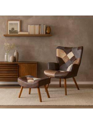Vista ambientata Poltrona con sgabello colore Patchwork Touch con gambe in legno modello Siesta Totò Piccinni