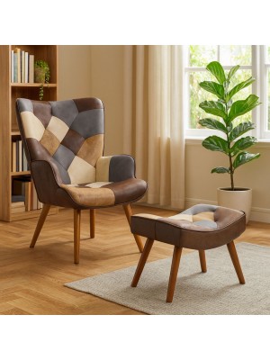 Vista ambientata Poltrona con sgabello colore Patchwork Touch con gambe in legno modello Siesta Totò Piccinni