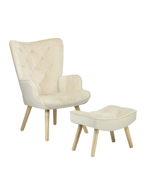 Poltrona con sgabello colore Velluto Beige con gambe in legno modello Siesta Totò Piccinni