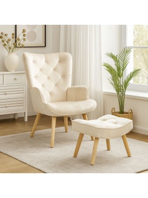 Vista ambientata Poltrona con sgabello colore Velluto Beige con gambe in legno modello Siesta Totò Piccinni