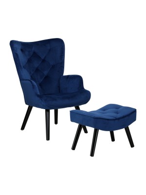 Poltrona con Sgabello SET SIESTA di Design Gambe nere in Legno di Faggio (Velluto Blu)