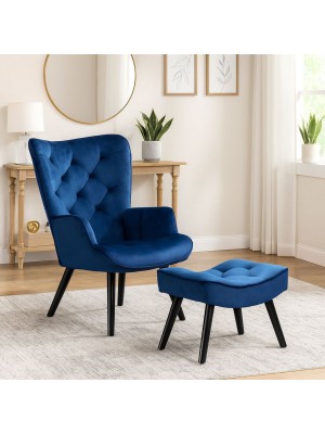 Vista ambientata Poltrona con sgabello colore Velluto Beige con gambe in legno modello Siesta Totò Piccinni