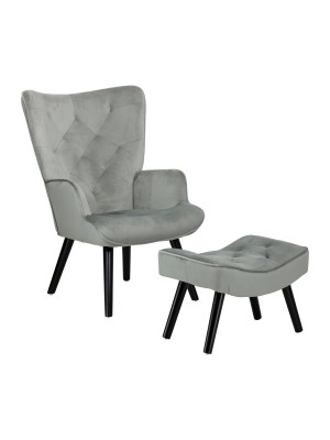 Poltrona con sgabello colore Velluto Beige con gambe in legno modello Siesta Totò Piccinni