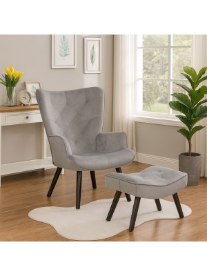 Vista ambientata Poltrona con sgabello colore Velluto Beige con gambe in legno modello Siesta Totò Piccinni