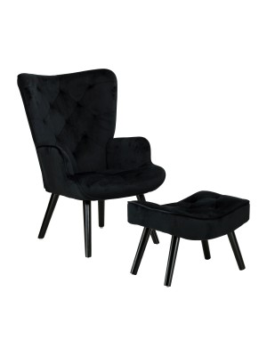 Poltrona con sgabello colore Velluto Nero con gambe in legno modello Siesta Totò Piccinni