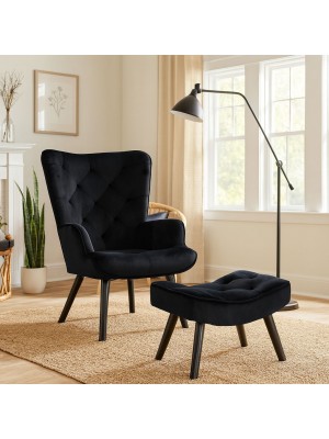 Vista ambientata Poltrona con sgabello colore Velluto Nero con gambe in legno modello Siesta Totò Piccinni