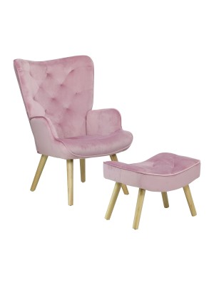 Poltrona con sgabello colore Velluto Rosa con gambe in legno modello Siesta Totò Piccinni