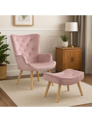 Vista ambientata Poltrona con sgabello colore Velluto Rosa con gambe in legno modello Siesta Totò Piccinni