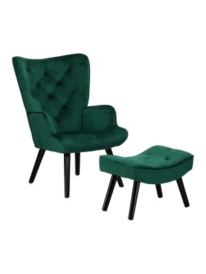Poltrona con sgabello colore Velluto verde con gambe in legno modello Siesta Totò Piccinni