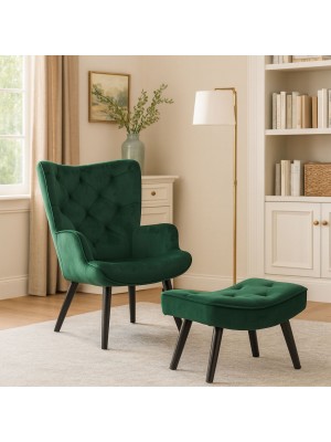 Vista ambientata Poltrona con sgabello colore Velluto verde con gambe in legno modello Siesta Totò Piccinni