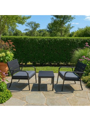 Vista ambientata Set da giardino in metallo colore Ardesia 2 poltrone e tavolino modello Cuba Totò Piccinni