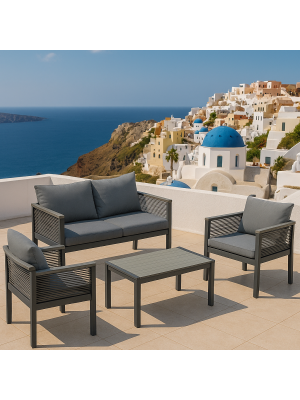 Set da giardino in alluminio e corda con cuscini - MYKONOS (Grigio Piano in Polywood)