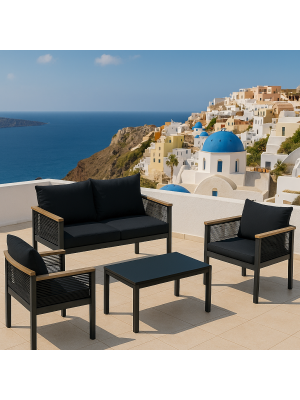Set da giardino in alluminio e corda con cuscini - MYKONOS (Nero Piano in Vetro)