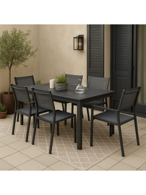 Vista ambientata Set pranzo tavolo allungabile 160/240 in alluminio colore Antracite con 4 sedie senza braccioli e 2 con braccioli modello Linosa Totò Piccinni