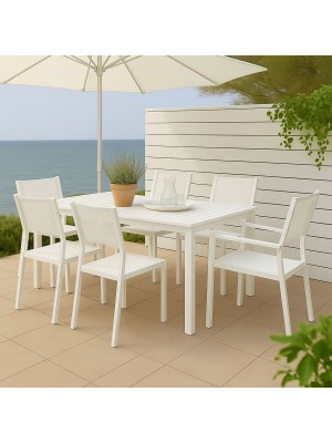 Vista ambientata Set pranzo tavolo allungabile 160/240 in alluminio colore Bianco con 4 sedie senza braccioli e 2 con braccioli modello Linosa Totò Piccinni