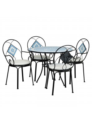 set completo tavolo e 4 sedie con mosaico struttura in metallo con decoro in terracotta modello Positano Totò Piccinni 