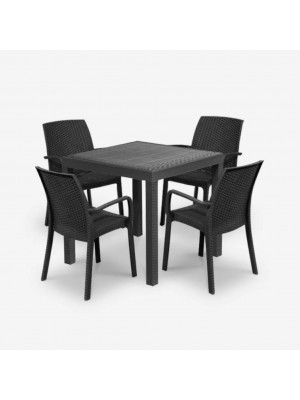 set pranzo tavolo dallas 80x80 con 4 sedie indiana con bracicoli in polipropilene simil rattan colore antracite