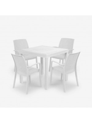 set pranzo tavolo dallas 80x80 con 4 sedie indiana con bracicoli in polipropilene simil rattan colore bianco