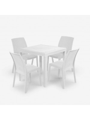 set pranzo tavolo dallas 80x80 con 4 sedie virginia in polipropilene simil rattan colore bianco