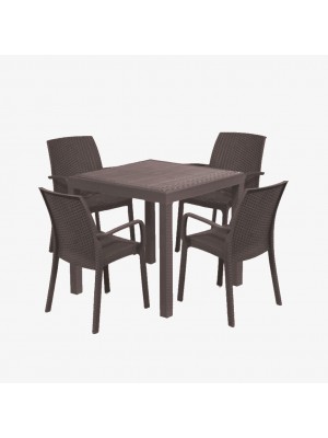 set pranzo tavolo dallas 80x80 con 4 sedie indiana con bracicoli in polipropilene simil rattan colore marrone