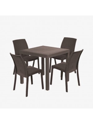 set pranzo tavolo dallas 80x80 con 4 sedie virginia in polipropilene simil rattan colore marrone