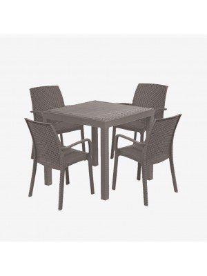 set pranzo tavolo dallas 80x80 con 4 sedie indiana con bracicoli in polipropilene simil rattan colore tortora