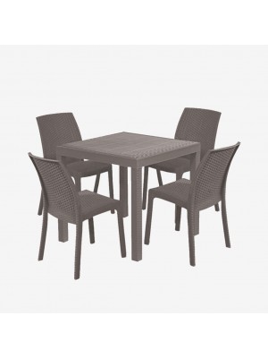 set pranzo tavolo dallas 80x80 con 4 sedie virginia in polipropilene simil rattan colore tortora