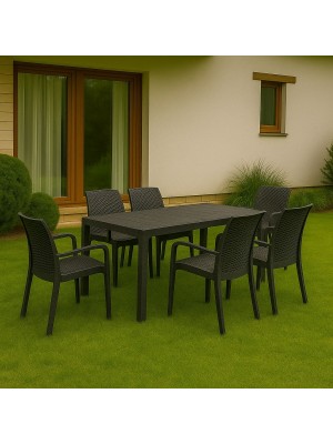Ambientata set pranzo tavolo huston 150x90 con 6 sedie indiana con braccioli in polipropilene 
