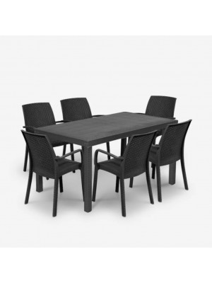 set pranzo tavolo huston 150x90 con 6 sedie indiana con braccioli in polipropilene colore antracite