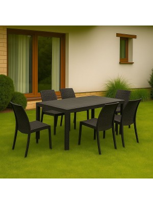 Ambientata set pranzo tavolo huston 150x90 con 6 sedie senza braccioli virginia in polipropilene