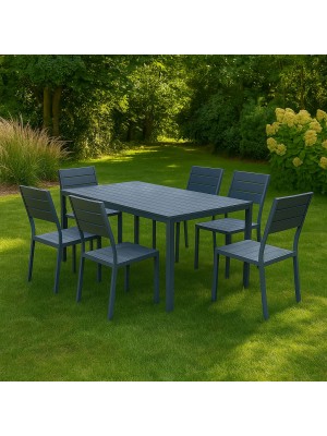 Vista ambientata set pranzo tavolo messico 158x78 con 6 sedie senza braccioli messico con struttura in metallo e polietilene effetto legno 