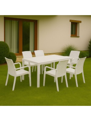 Vista ambientata set pranzo tavolo houston 150x90 con 6 sedie indiana con braccioli in polipropilene colore bianco