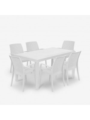 set pranzo tavolo houston 150x90 con 6 sedie indiana con braccioli in polipropilene colore bianco