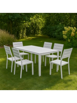 Vista ambientata set pranzo tavolo messico 158x78 con 6 sedie senza braccioli messico con struttura in metallo e polietilene effetto legno colore bianco